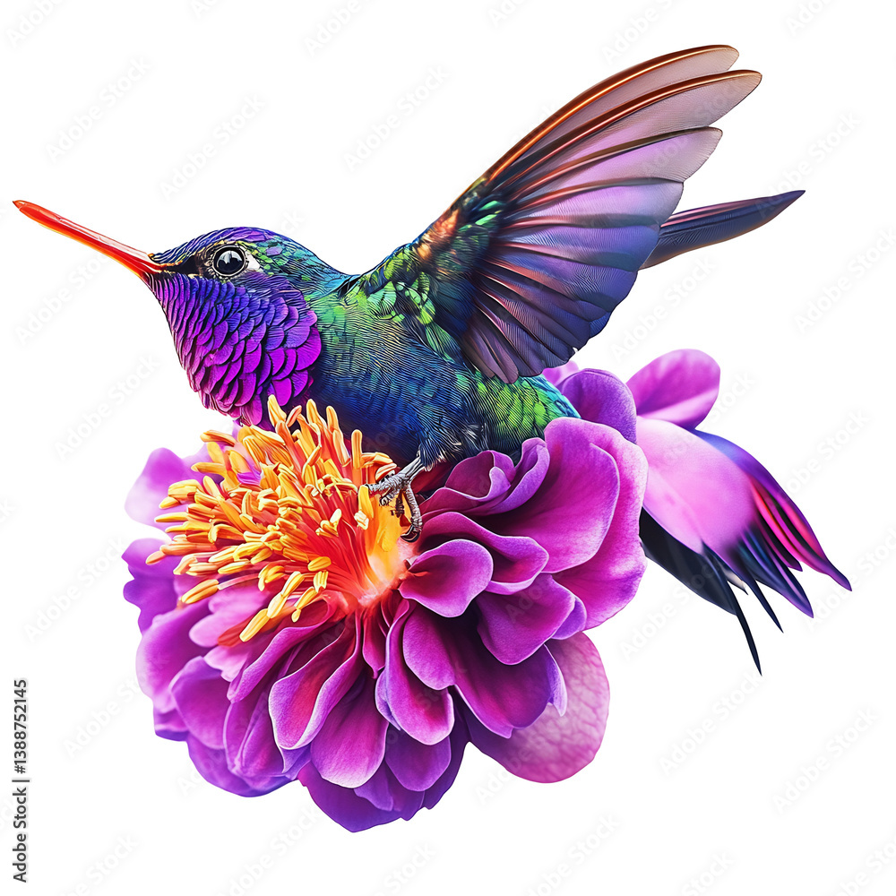 Obraz premium Vibrant hummingbird hovers gracefully near purple flower soft light. AI Generated