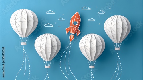 Vibrant paper art of a rocket launching among white hot air balloons.