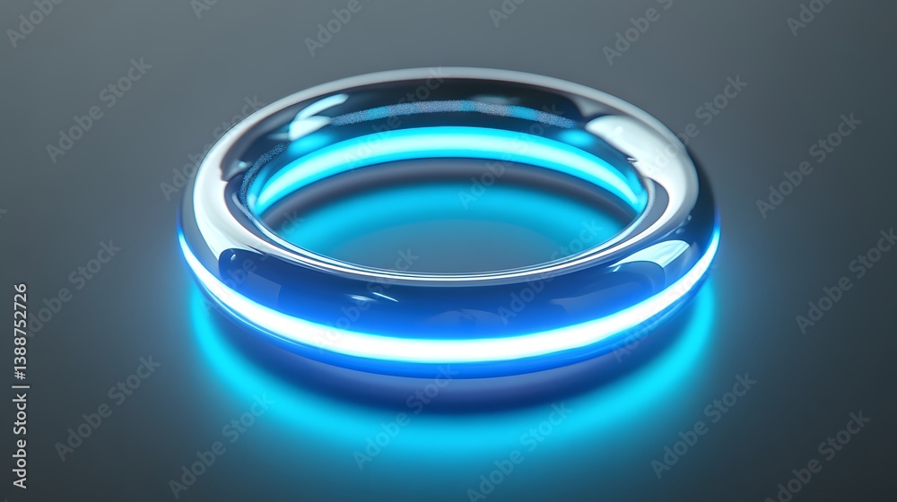 A blue and silver ring with a blue light shining on it. The ring is shiny and reflective A blue and silver ring with a blue light shining on it. The ring is shiny and reflective