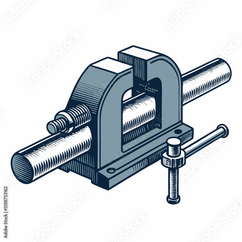 Create a bold, vector illustration of a bench vise tightly clamping a workpiece.  Show strong, defined lines and metallic texture.