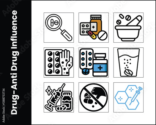 Anti Drug Influence Icon Set Medication Research And Prevention Vector Illustration