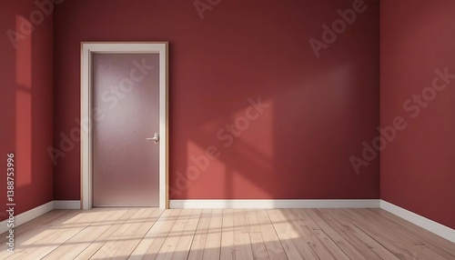 Sunlit room with claret walls and minimalist door for design templates