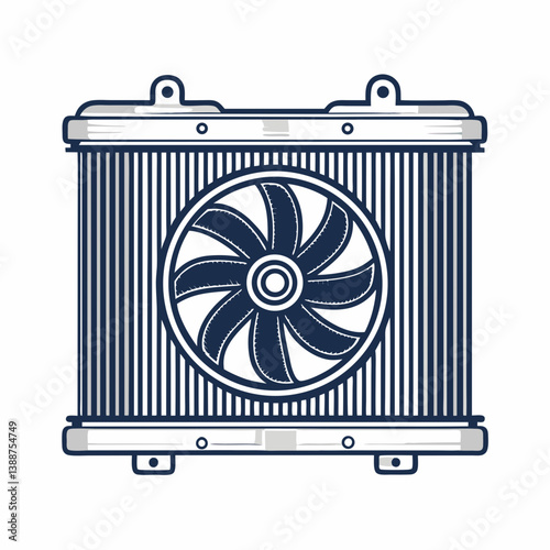 Create a bold, vector illustration of a car radiator with a prominent 'f(1)' label.  Focus on clean lines and strong contrasts.