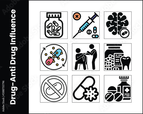 Anti Drug Influence Icon Set Representing Medicine Effects And Abuse Prevention