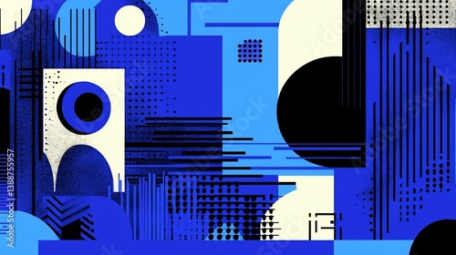 Geometric composition with dynamic textures in a bold blue and black palette