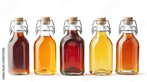 Assorted Glass Bottles of Natural Honey Syrups on White Background