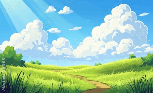 A Vibrant Field Under a Sunny Blue Sky with Fluffy Clouds