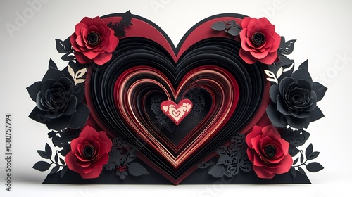 Romantic valentines day card with a three dimensional heart black and red color scheme and a beautiful paper design set on a white background for a celebration