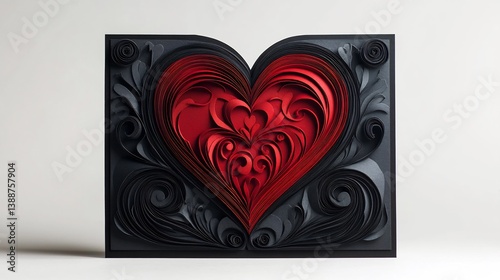 Romantic valentines day card with a three dimensional heart black and red color scheme and a beautiful paper design set on a white background for a celebration