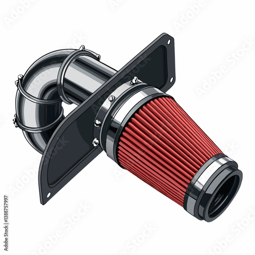 Create a vector illustration of a bold, stylized cold air intake kit, showcasing its components with thick, defined lines.