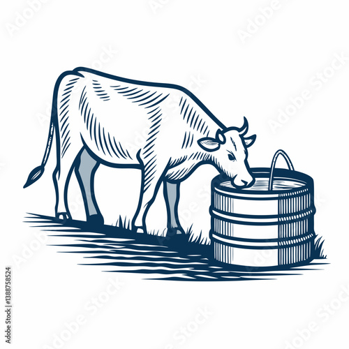 Create a bold vector illustration of a cow drinking from a trough, emphasizing strong black outlines and simplified shapes.