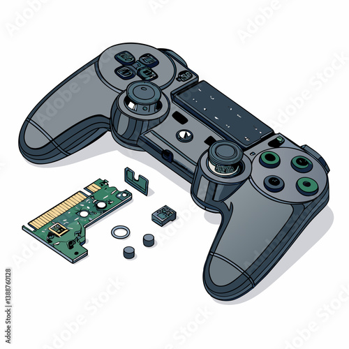 Create a bold vector illustration of disassembled Game C components, showcasing individual parts with thick outlines.  Focus on clean lines and strong shapes.