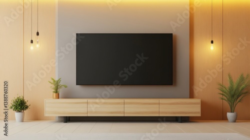 Modern Minimalist Living Room with Flat Screen TV and Wooden Accents