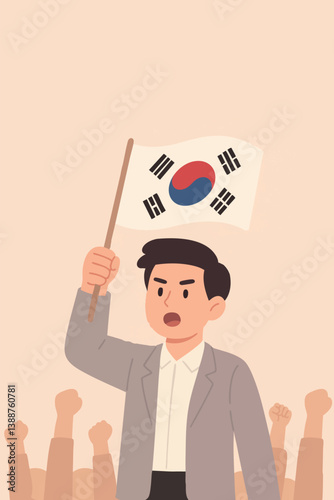 "Young man in hoodie raising Korean flag with determined face. Symbol of youth-led revolution and civic responsibility."