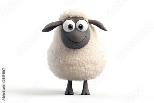 Cute Cartoon Sheep Standing Isolated on White Background with Shadow