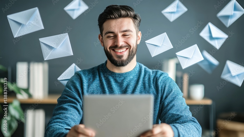 Smiling Man Receiving Many Emails on Tablet Device with Great Enthusiasm Smiling Man Receiving Many Emails on Tablet Device with Great Enthusiasm