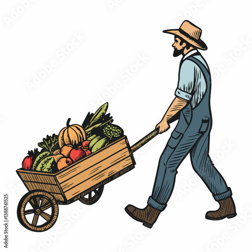 Create a bold vector illustration of a farmer transporting goods, emphasizing strong lines and impactful design.  Focus on the farmer and their load.