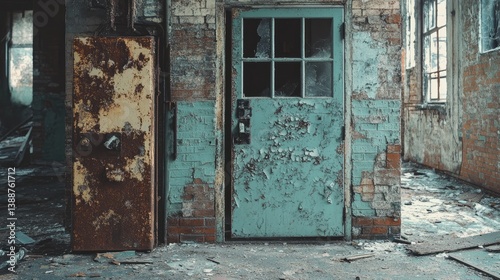 Abandoned factory interior with peeling paint and broken windows