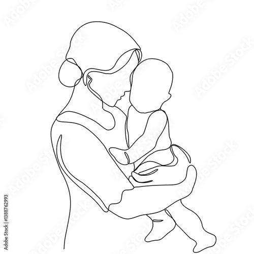 Mother and baby continuous line art vector illustration, mothers day celebration background. A mom hug the baby one line art.