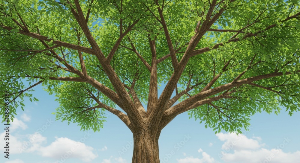 Majestic Tree Canopy Under a Summer Sky: A View from Below, Lush Green Foliage and Brown Branches Against Blue Skies and Fluffy Clouds