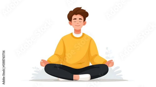 Meditation illustrations concept, A person meditating peacefully in a yellow sweater, surrounded by soft lines and greenery.