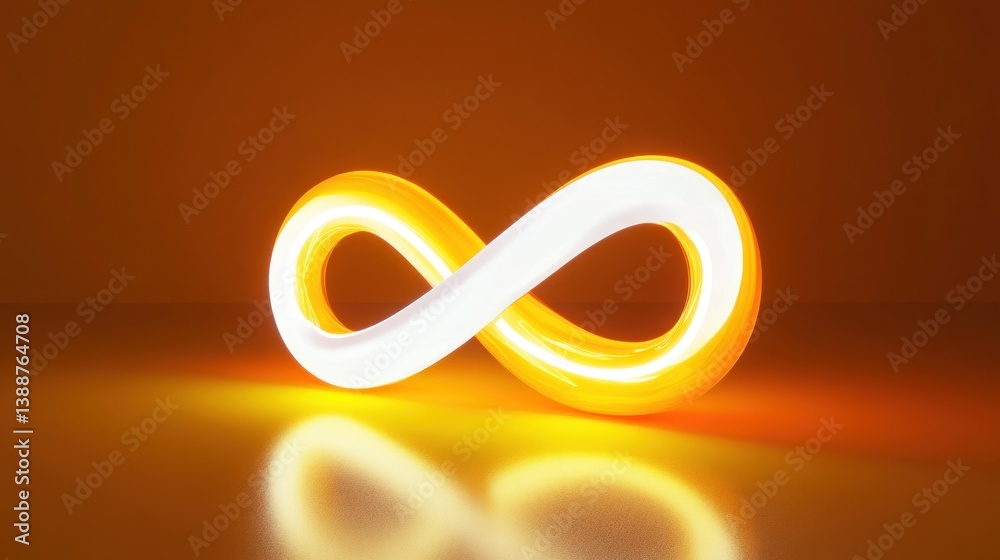 An illuminated infinity symbol glowing in a warm and reflective environment An illuminated infinity symbol glowing in a warm and reflective environment