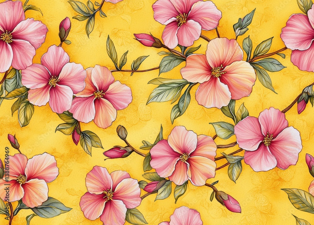 Obraz premium Pink Flowers on Yellow Background Seamless Floral Pattern