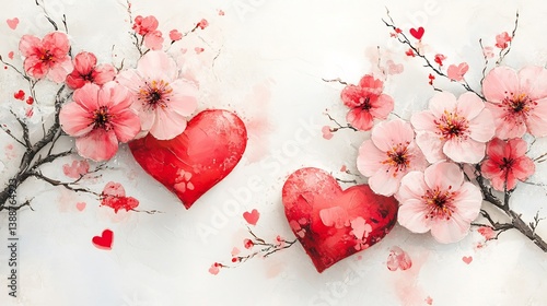 Valentines day card design featuring heart shaped flowers painted with pink and red blossoms set on a white background with a romantic theme