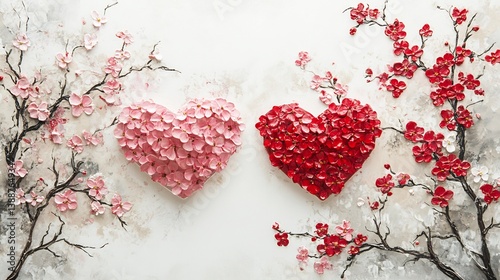 Valentines day card design featuring heart shaped flowers painted with pink and red blossoms set on a white background with a romantic theme