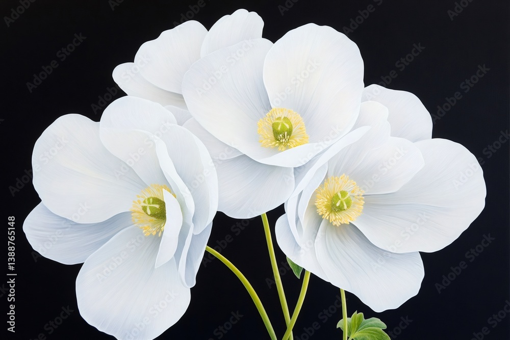 Obraz premium White poppies blooming on a black background
