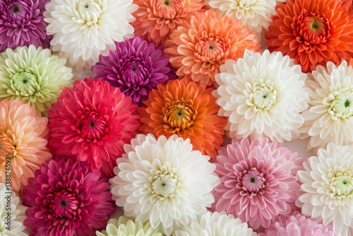 Flowers wall background with amazing red, orange, pink, purple, green and white chrysanthemum flowers ,Wedding decoration, hand made Beautiful flower wall background