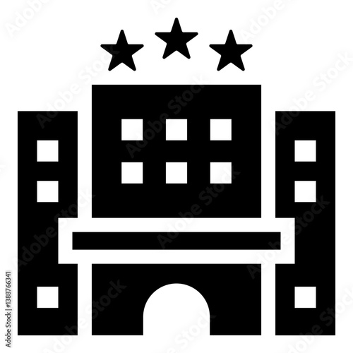 Hotel solid icon, representing travel, accommodation, and hospitality services. Symbolizes lodging, tourism, vacation stays, and booking platforms