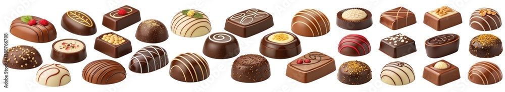 Fototapeta premium Assorted gourmet chocolate pralines with decorative toppings and fillings cut out isolated Transparent PNG Elements