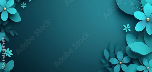 Teal floral composition backdrop with delicate layered paper flowers, botanical frame