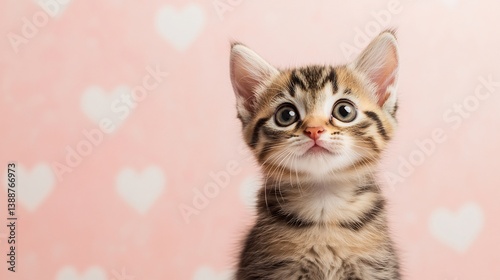 Valentine's day greeting card featuring a cute kitten with a heart symbol placed against a soft pink background with adorable messages