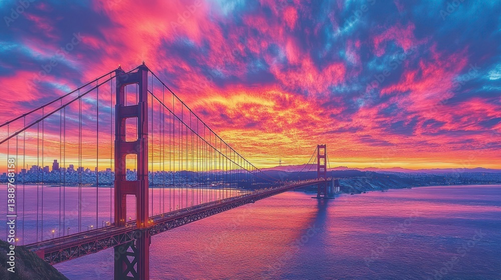 Obraz premium Bridge over water, vibrant sunset. City in distance
