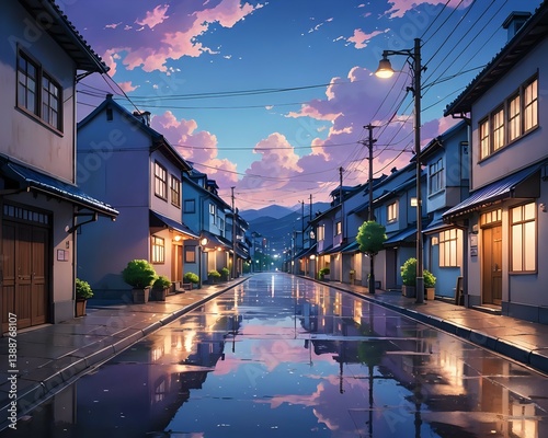 夕暮れ時の静かな町の空っぽの通り、濡れた舗道に反射する輝く街灯、紫がかった青いアニメの空、ふわふわの雲、居心地の良い家、平和で懐かしい雰囲気、穏やかで穏やかな夜のアニメの背景