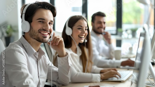 Call center manager congratulating happy team on achieving goals. Minimalist