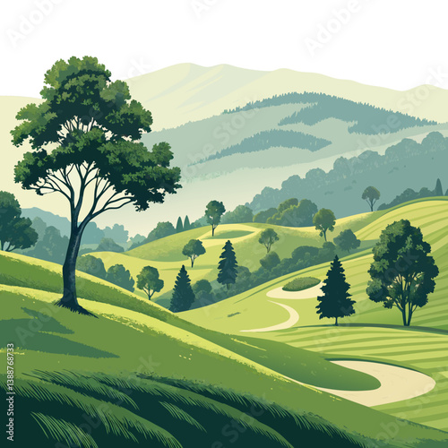 Create a bold vector illustration of a scenic golf course landscape, featuring fairways, greens, bunkers, and water hazards.