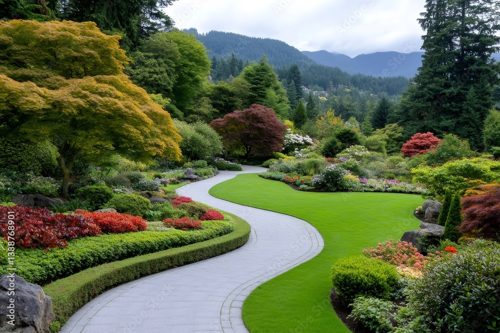 Obraz premium Winding path meandering through colorful Butchart Gardens in Victoria, British Columbia