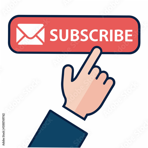 Create a bold, vector illustration of a hand clicking a subscribe button.  The style should be clean and modern.