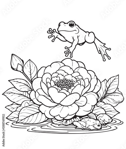 Coloring book frog above a serene camellia pond. A playful amphibian poised over a tranquil bloom and gentle ripples.