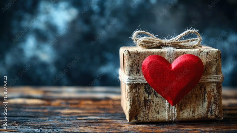 Fototapeta premium Vintage style hand made valentine gift box with a red heart decoration placed on a rustic wooden table ideal for a romantic and retro celebration