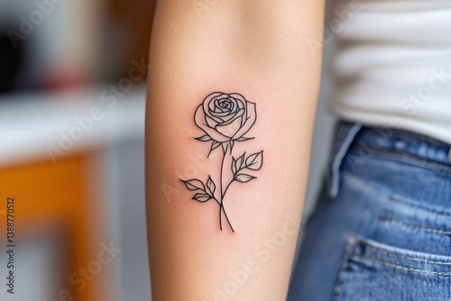 Woman showing her new minimalist rose tattoo on the forearm