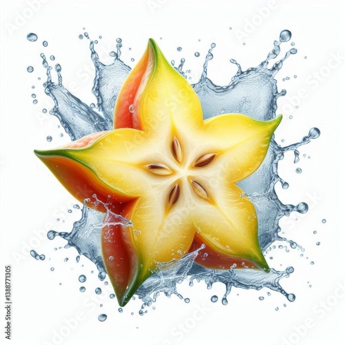 Fresh starfruit slice with a vibrant color palette surrounded by splashing water