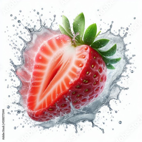 Fresh Strawberry Half Engulfed by Crystal Clear Water Splash on White Background