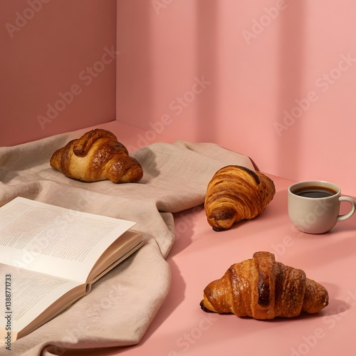 Flaky golden croissants placed on linen with black coffee and a book. Cozy breakfast vibe perfect for lifestyle imagery.	