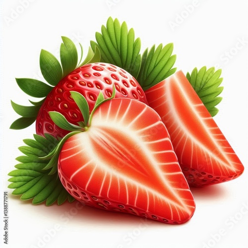 Vibrant strawberries with refreshing leaf accents for summer fruit themes