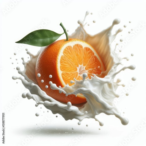 Vibrant tangerine slice with leaf engulfed in a dynamic splash of milk