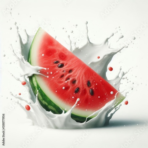 Vibrant Watermelon Slice Engulfed in a Refreshing Milk Splash Extravaganza